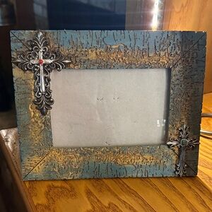Rustic Blue and Gold Picture Frame with Cross Accents